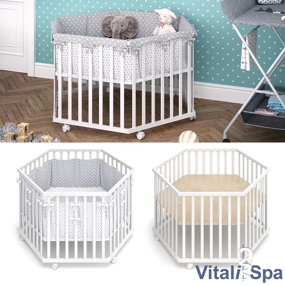 VITALISPA Laufgitter 6-eckig weiß mit Laufgittereinlage Laufstall Krabbelgitter