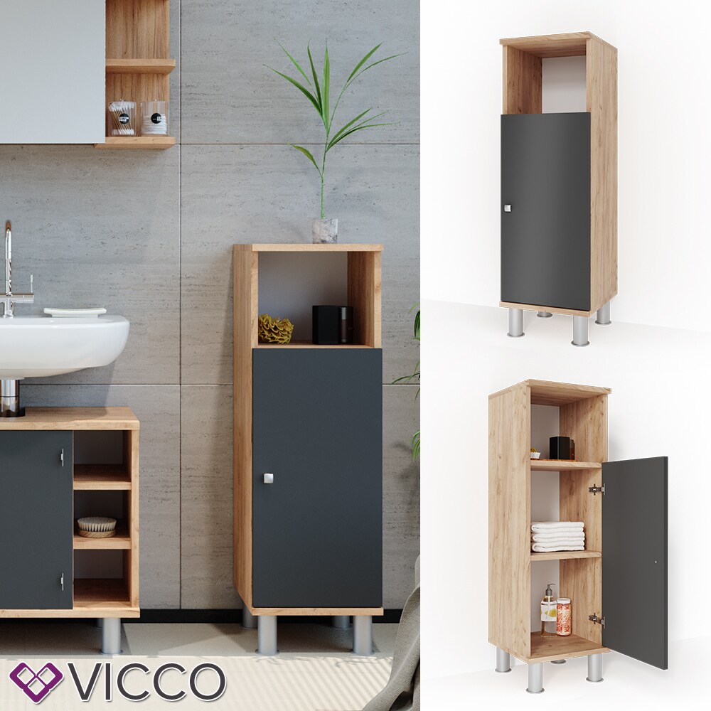 VICCO Badschrank FYNN Eiche Anthrazit Midischrank Badezimmer Regal Badm&ouml;bel 
