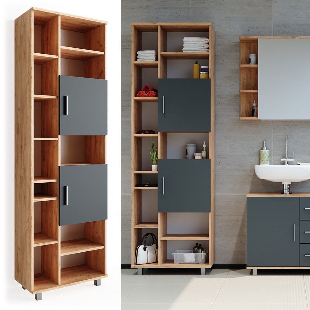 Vicco Badschrank Ilias 190 cm - Badezimmerschrank Hochschrank Bad Schrank Badregal Eiche Anthrazit 