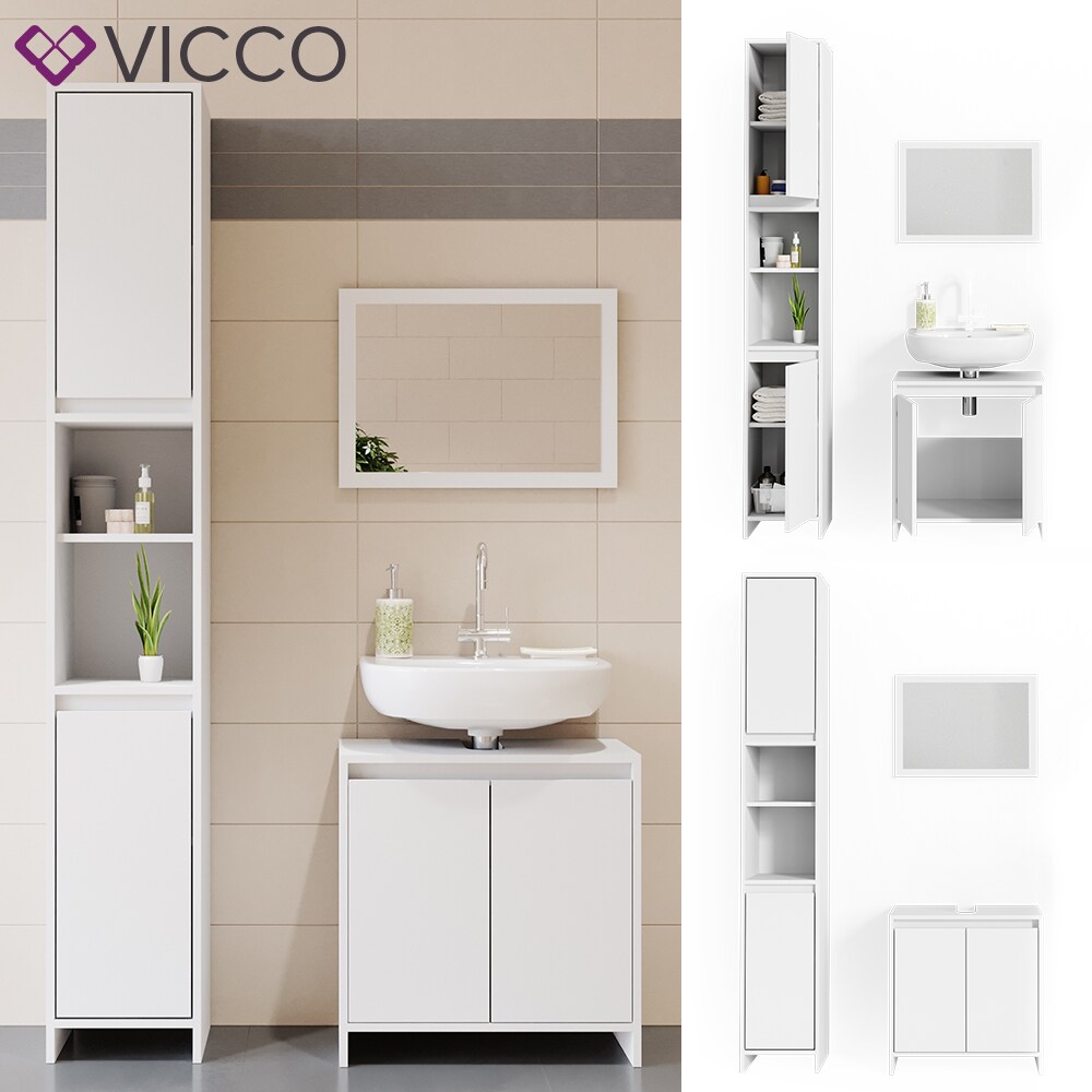 VICCO Badm&ouml;bel Set EMMA Wei&szlig; - Spiegel Waschtischunterschrank Hochschrank Bad 