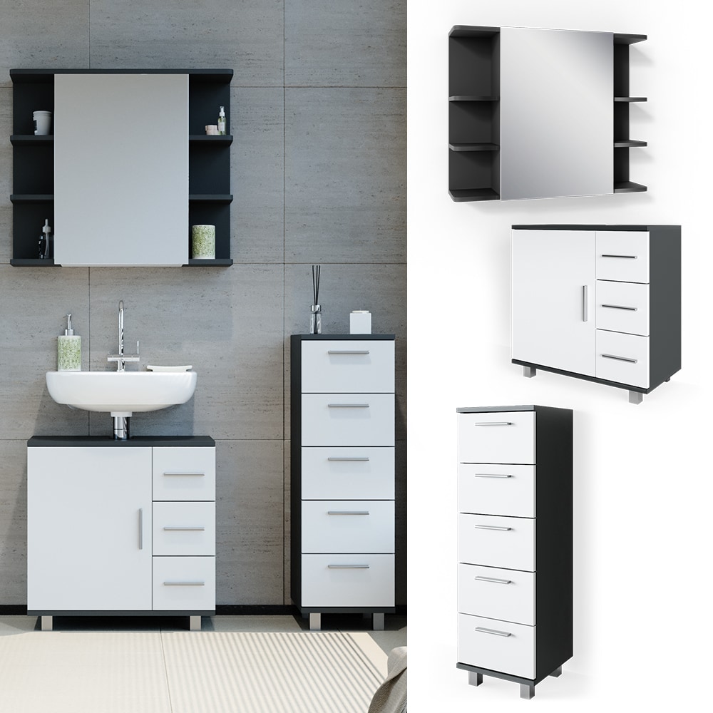 VICCO Badm&ouml;bel Set ILIAS Wei&szlig; Anthrazit Spiegel Kommode Unterschrank Badschrank 