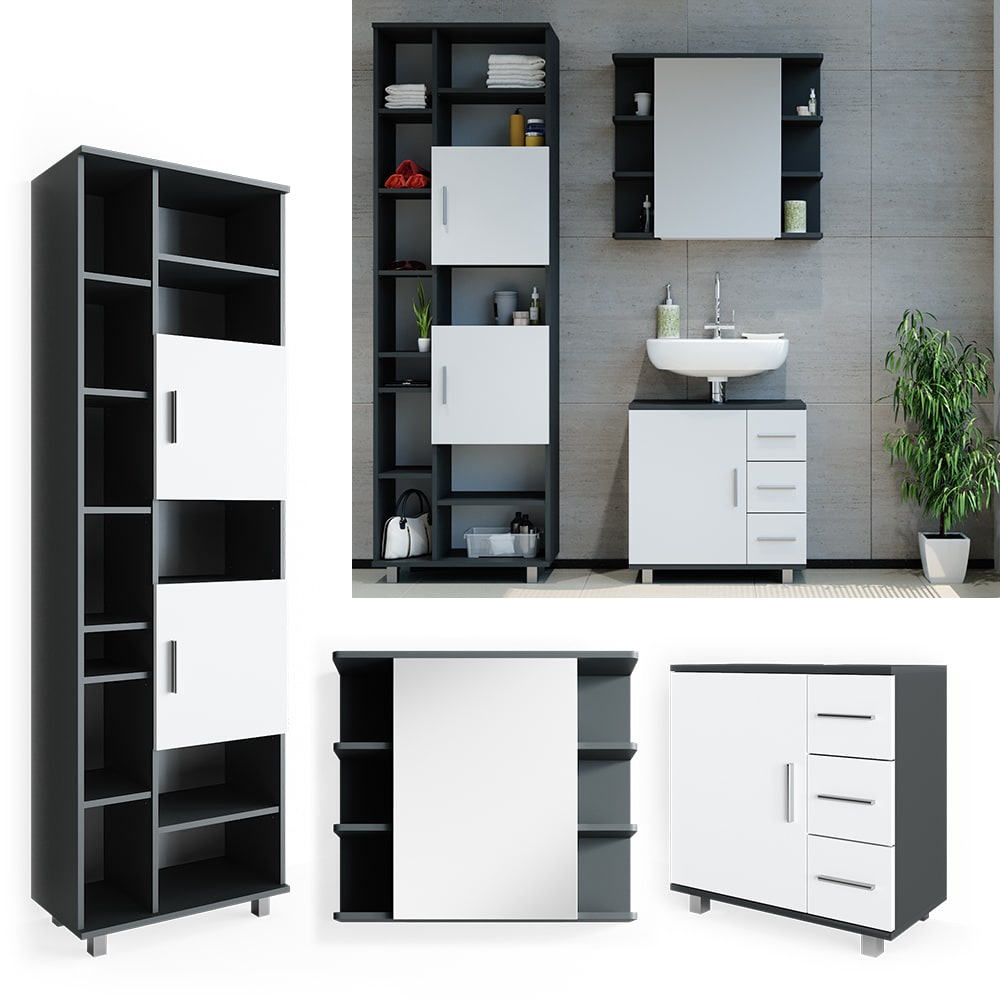 VICCO Badm&ouml;bel Set ILIAS Wei&szlig; Anthrazit Spiegel Kommode Unterschrank Badschrank 