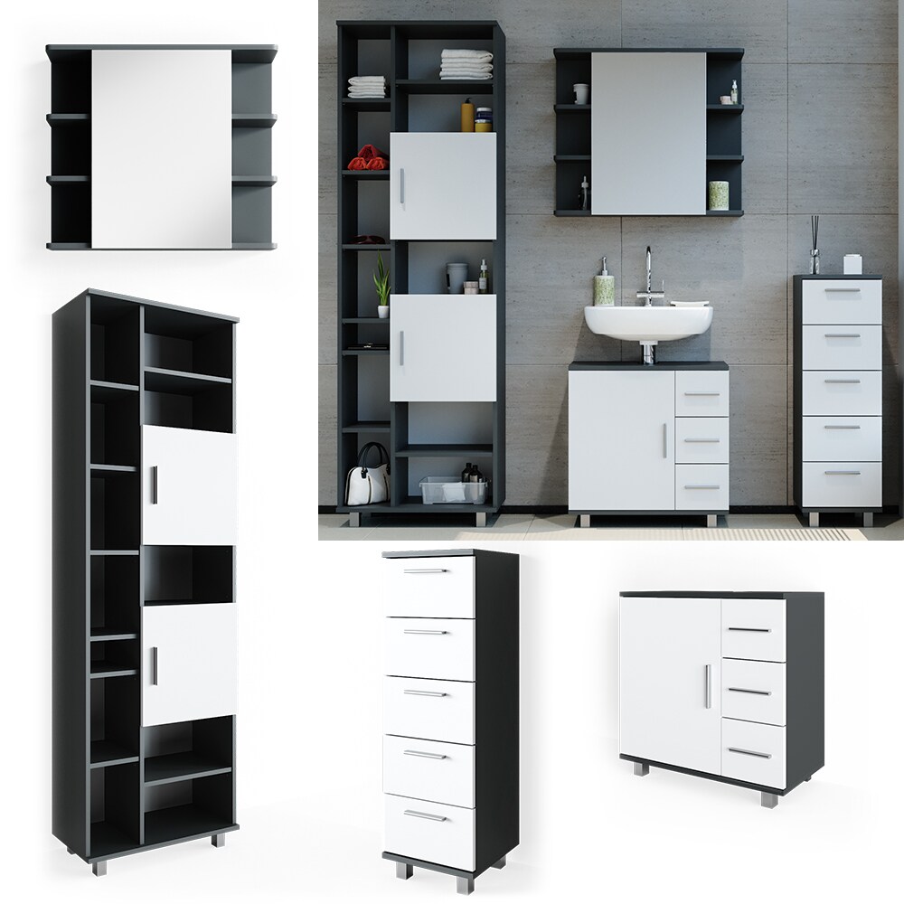 VICCO Badm&ouml;bel Set ILIAS Wei&szlig; Anthrazit Spiegel Kommode Unterschrank Badschrank 
