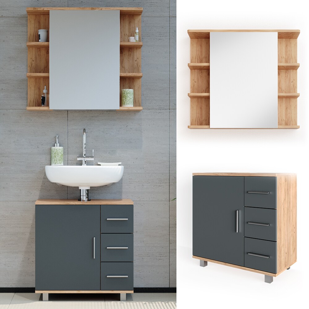VICCO Badm&ouml;bel Set ILIAS Eiche Anthrazit Bad Spiegel Unterschrank Badschrank 