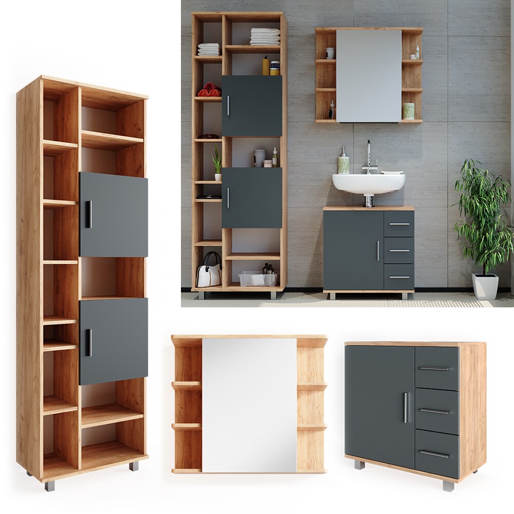 VICCO Badm&ouml;bel Set ILIAS Eiche Anthrazit Spiegel Kommode Unterschrank Badschrank 