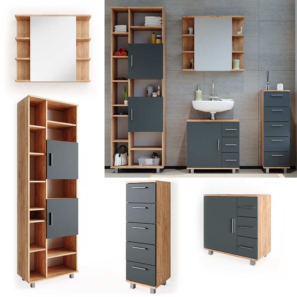 VICCO Badm&ouml;bel Set ILIAS Eiche Anthrazit Spiegel Kommode Unterschrank Badschrank 