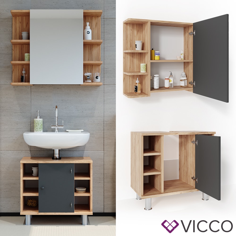 VICCO Badm&ouml;bel Set FYNN Eiche Anthrazit Spiegelschrank Waschtischunterschrank 