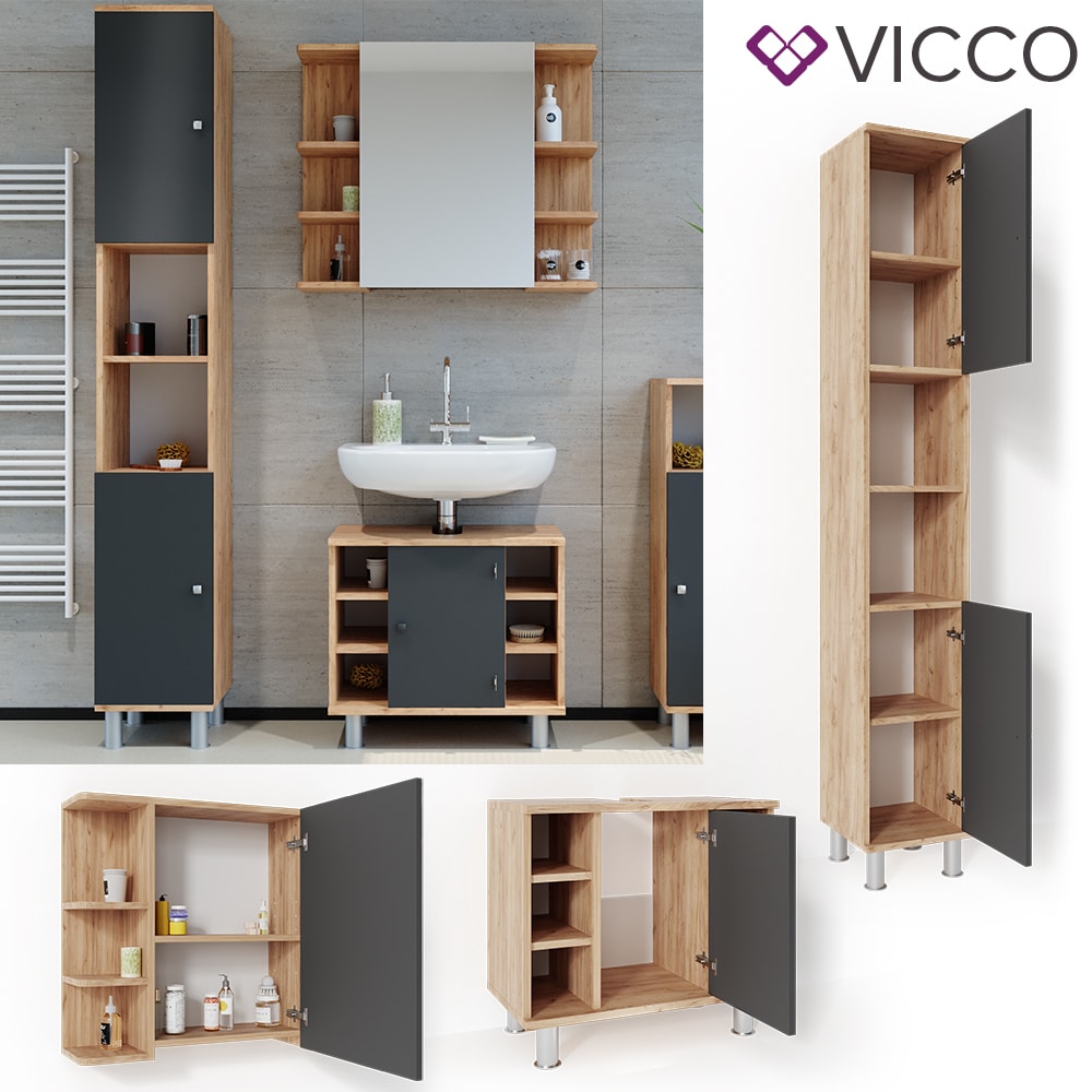 VICCO Badm&ouml;bel Set FYNN Eiche Anthrazit Spiegelschrank Unterschrank Hochschrank 