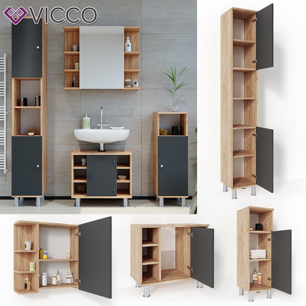 VICCO Badm&ouml;bel Set FYNN Eiche Anthrazit Bad Spiegel Unterschrank Badschrank Midi 