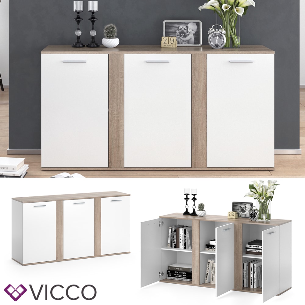 VICCO Sideboard NOVELLI Highboard wei&szlig; sonoma Kommode Anrichte Schrank 3 T&uuml;ren 
