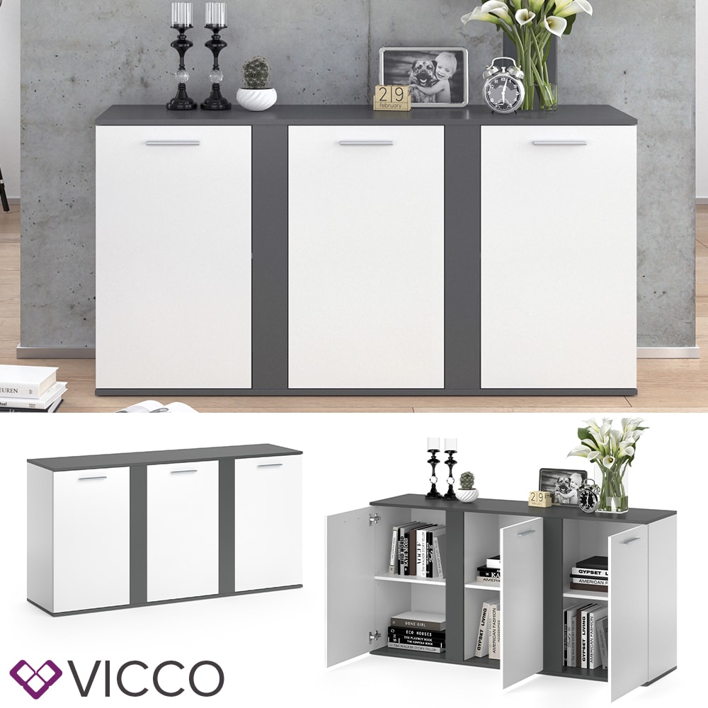 VICCO Sideboard NOVELLI Highboard wei&szlig; anthrazit Kommode Anrichte 3 T&uuml;ren 