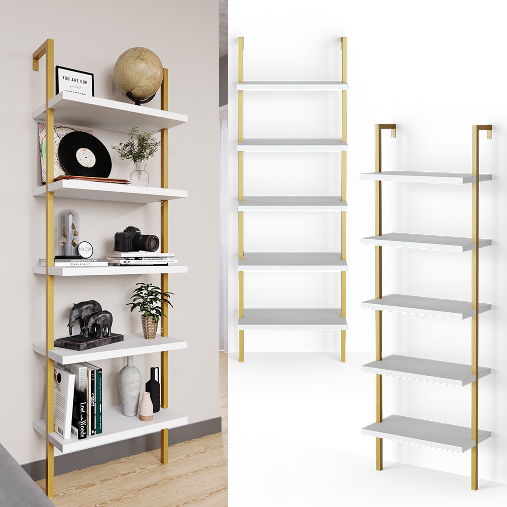 Vicco Loft B&uuml;cherregal Ava Standregal Wandregal 5 Ablagen Leiterregal Gold 