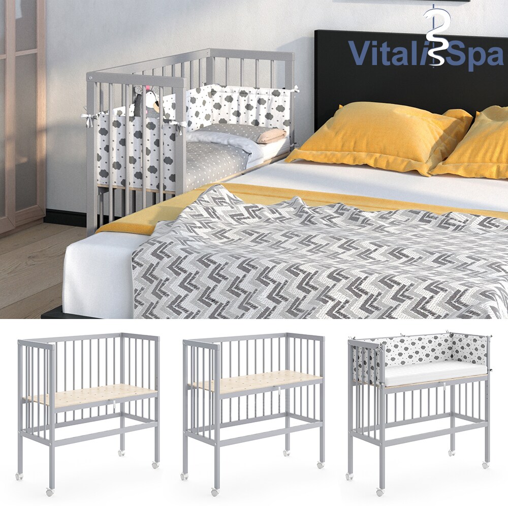 VITALISPA Beistellbett SOPHIE Grau Babybett Stillbett Stubenbett Nestchen Boxspringbett 
