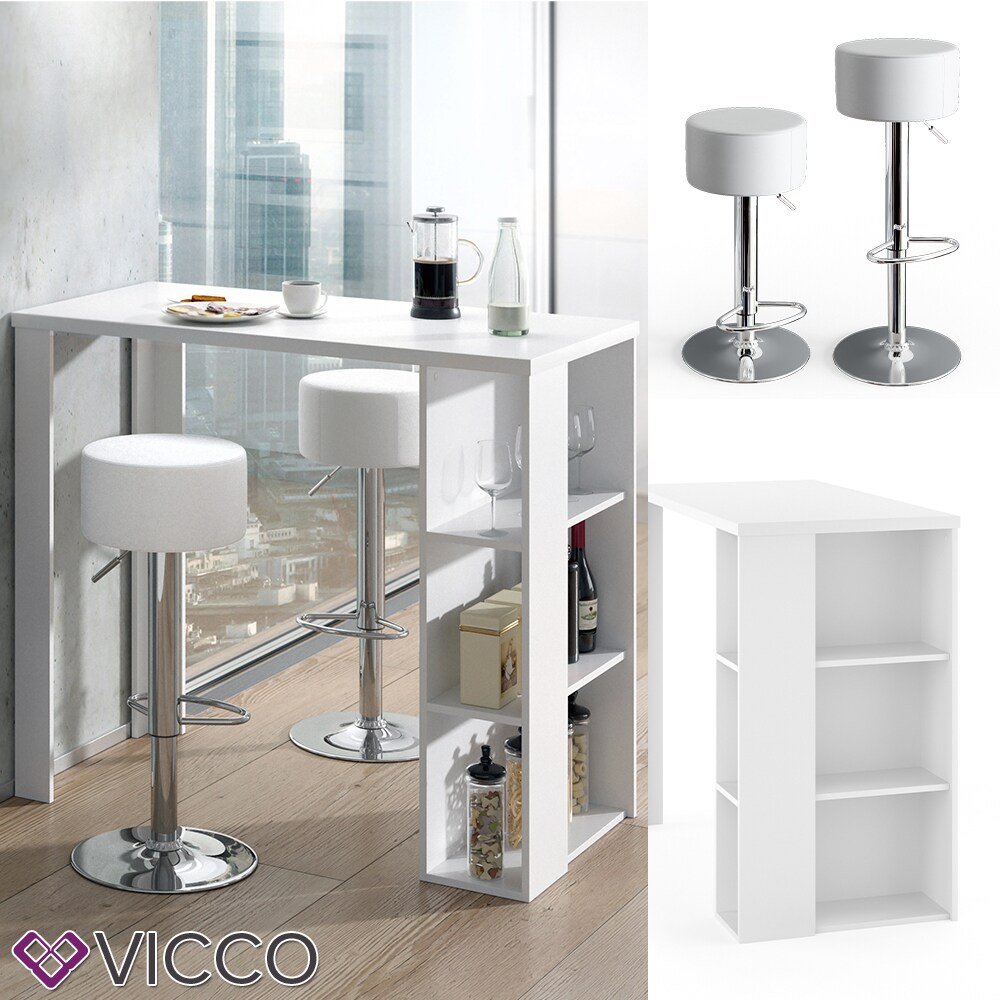 VICCO Bartisch NOEL Tresentisch Wei&szlig; Schwarz Ablagef&auml;cher 120 x 105,6 x 60 cm inkl. Barhocker 