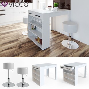 Vicco Bartisch Esstisch Tisch Bistrotisch Essplatz Schublade Regal Bar Weiß inkl. Barhocker 