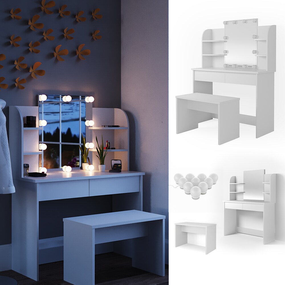Vicco Schminktisch Charlotte Frisiertisch Frisierkommode Kosmetiktisch Wei&szlig; mit Bank und LED-Lichterkette 