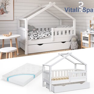 VitaliSpa Design Kinderbett 140x70 Babybett Jugendbett mit Schublade Lattenrost Matratze 