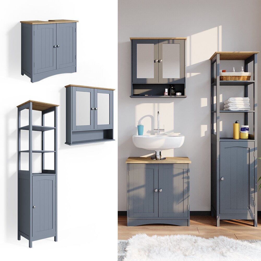 Vicco 3er Badm&ouml;bel Set Bianco Grau Spiegelschrank Waschtischunterschrank Hochschrank Badezimmerm&ouml;bel Set im Landhausstil 