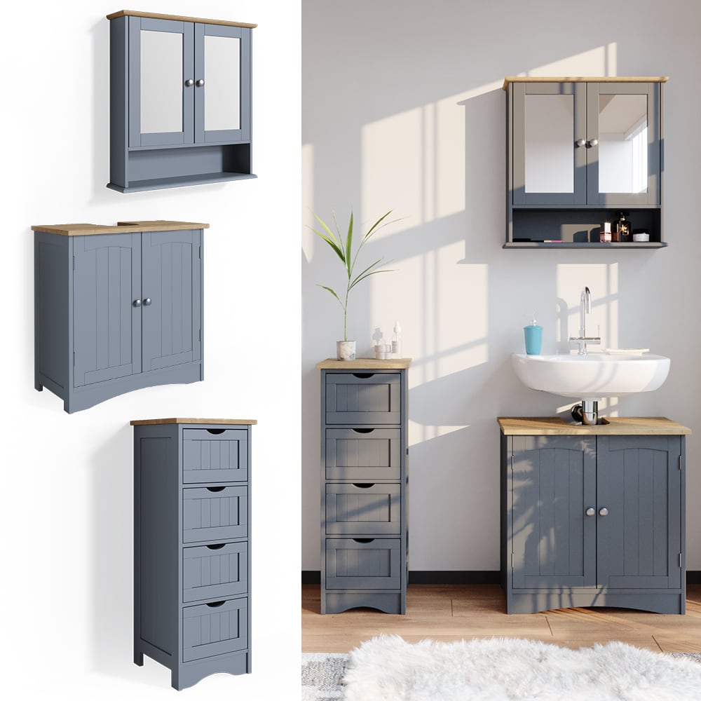 Vicco 3er Badm&ouml;bel Set Bianco Grau Spiegelschrank Waschtischunterschrank Badschrank Badezimmerm&ouml;bel Set im Landhausstil 