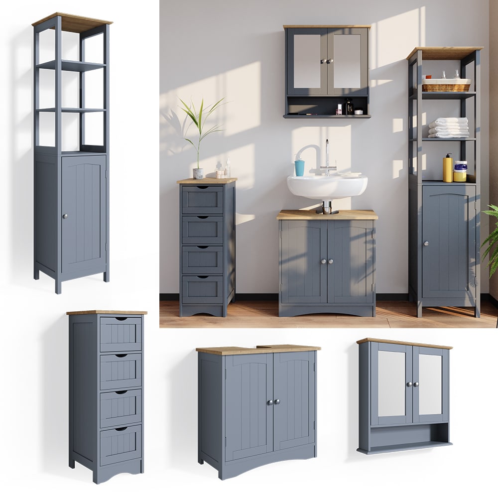 Vicco 4er Badm&ouml;bel Set Bianco Grau Spiegelschrank Unterschrank Hochschrank Badschrank Set im Landhausstil 