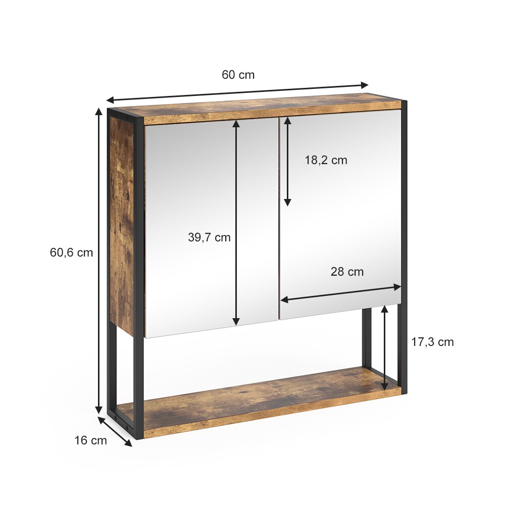 Vicco Fyrk Badspiegel – Eiche Rustikal & Schwarz, 50x60 Cm, Mit Ablagefläche