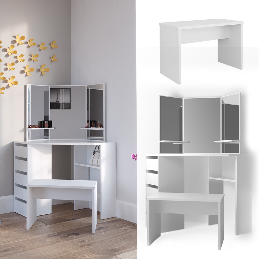 Vicco Eckschminktisch Arielle Kosmetiktisch Frisiertisch Schminktisch Wei&szlig; inklusive Sitzbank 