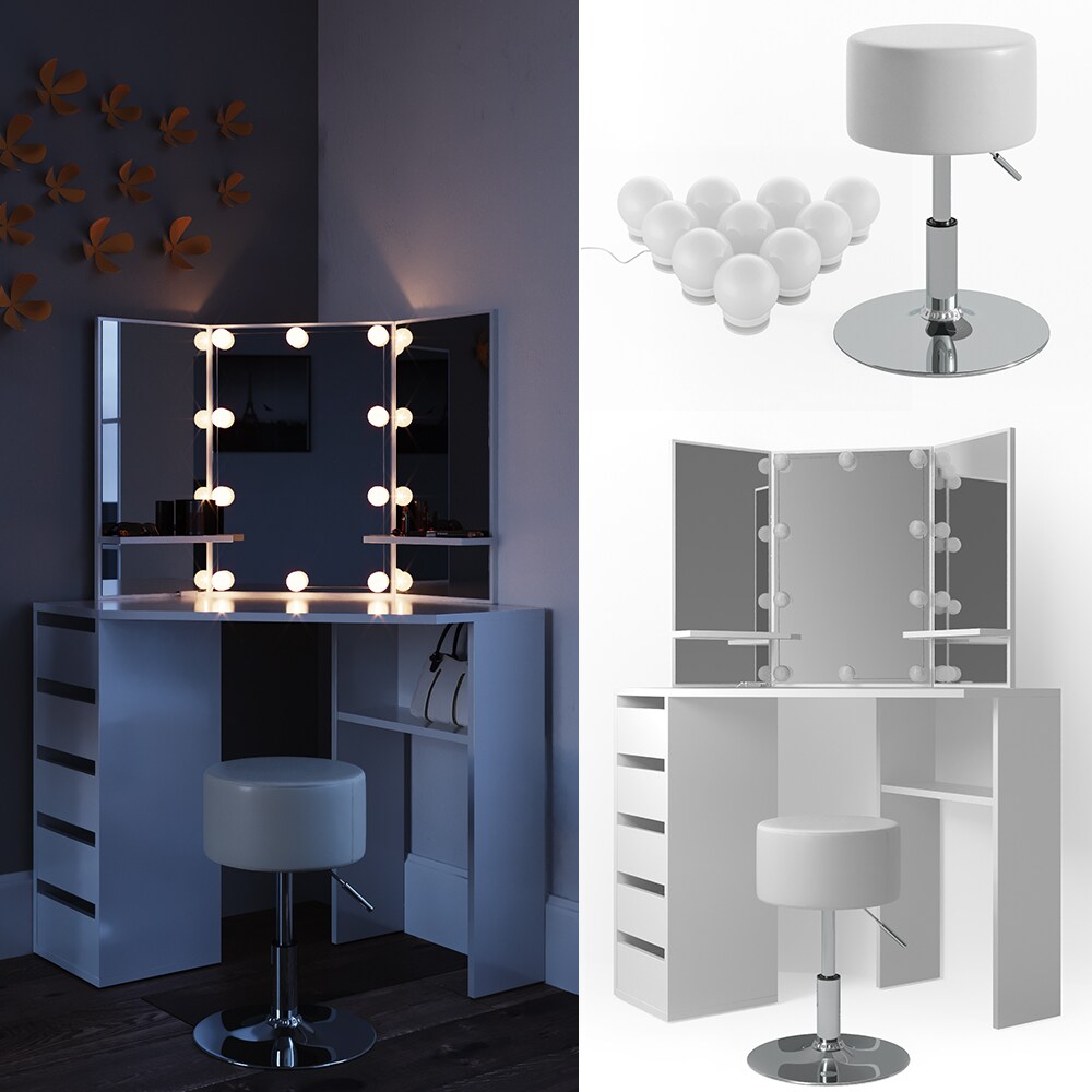 Vicco Eckschminktisch Arielle Kosmetiktisch Frisiertisch Schminktisch Wei&szlig; inklusive Sitzhocker und LED-Lichterkette 