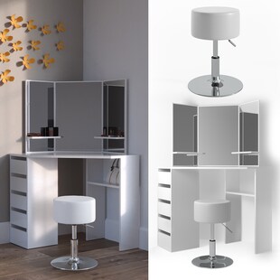 Vicco Eckschminktisch Arielle Kosmetiktisch Frisiertisch Schminktisch Weiß inklusive Sitzhocker 