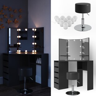 Vicco Schminktisch Arielle Frisiertisch Kommode Frisierkommode Spiegel Schwarz inklusive Hocker und LED-Lichterkette 