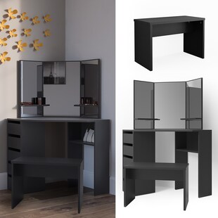 Vicco Eckschminktisch Arielle Frisiertisch Kommode Frisierkommode Spiegel Schwarz inklusive Bank 