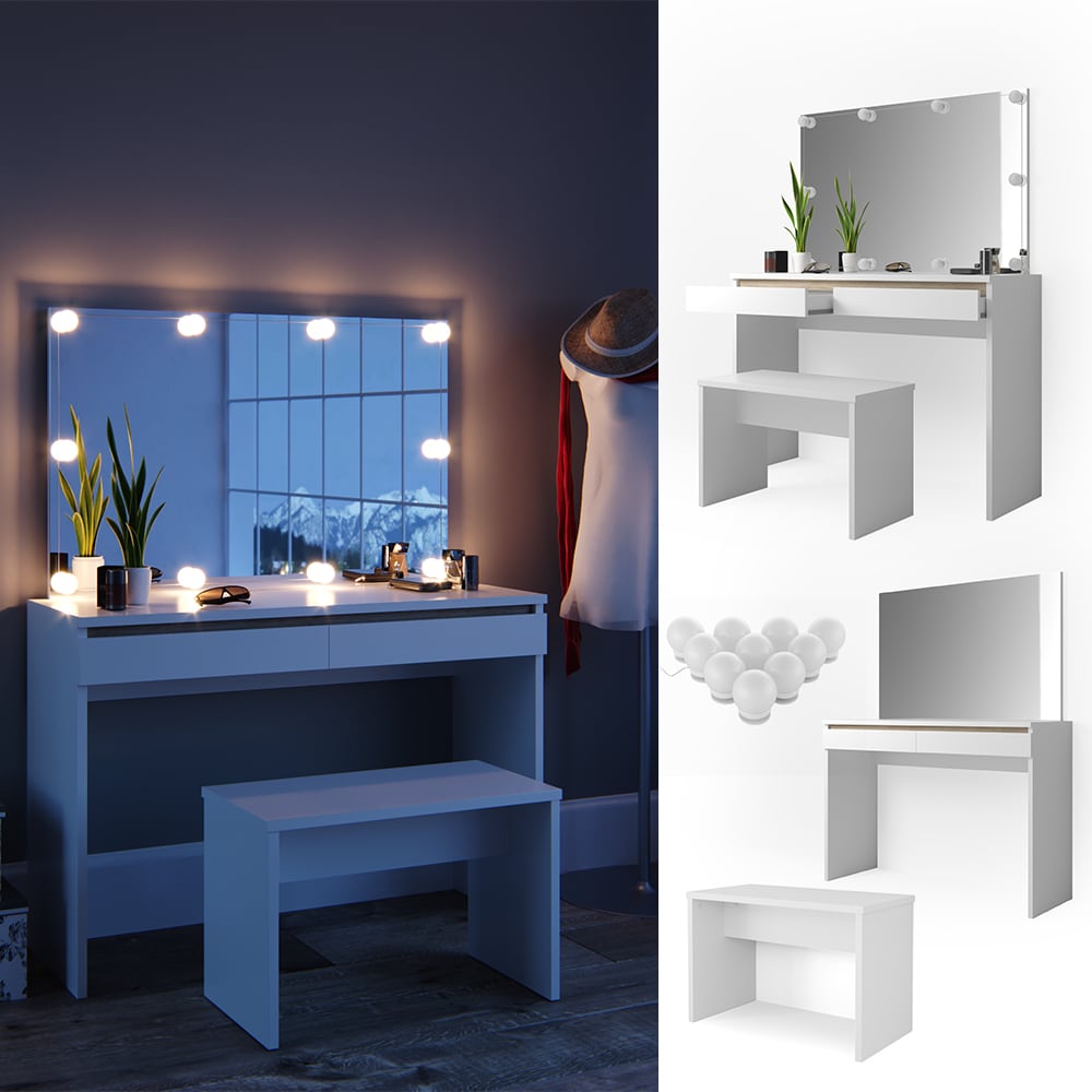 Vicco Schminktisch Emma Frisiertisch Frisierkommode Kommode Wei&szlig; Sonoma inklusive Bank, Spiegel und LED-Lichterkette 