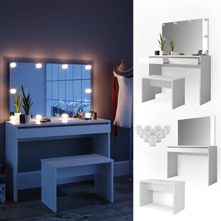 Vicco Schminktisch Emma Frisiertisch Frisierkommode Kommode Weiß Sonoma inklusive Bank, Spiegel und LED-Lichterkette 