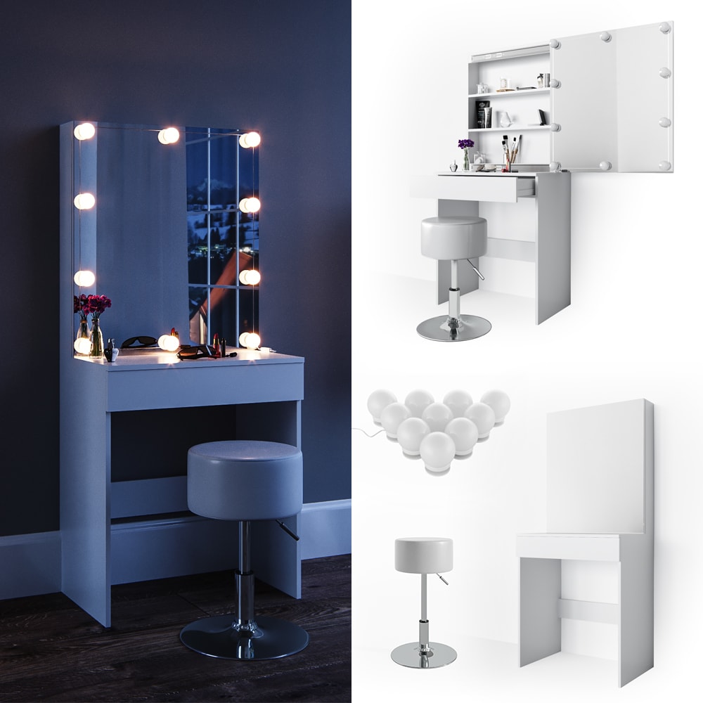 Vicco Schminktisch Melle Frisiertisch Kommode Frisierkommode Spiegel Wei&szlig; inklusive Hocker und LED-Lichterkette 