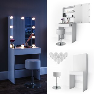 Vicco Schminktisch Melle Frisiertisch Kommode Frisierkommode Spiegel Weiß inklusive Hocker und LED-Lichterkette 