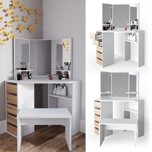 VICCO Eckschminktisch ARIELLE Kosmetiktisch Frisiertisch Weiß Eiche Kommode Bank 