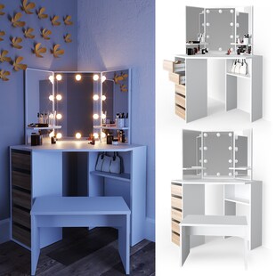 VICCO LED Eckschminktisch ARIELLE Kosmetiktisch Frisiertisch Weiß Eiche Bank 