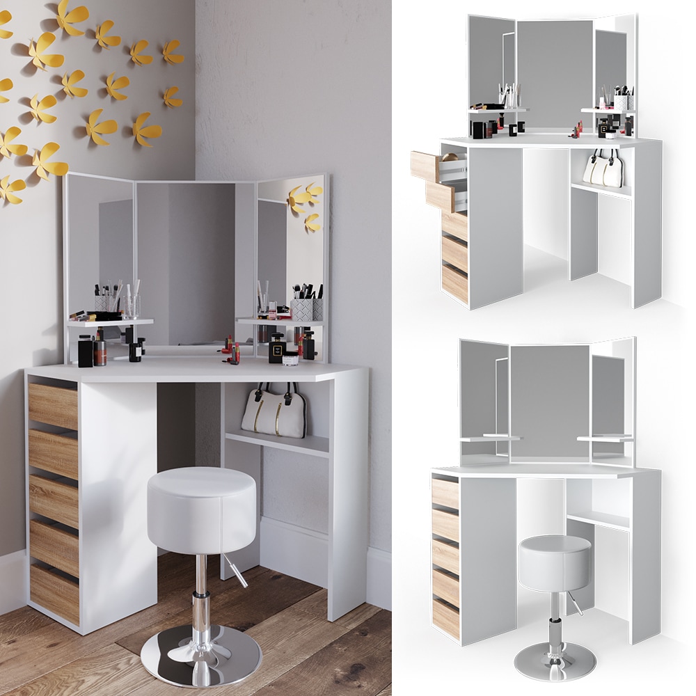 VICCO Eckschminktisch ARIELLE Kosmetiktisch Frisiertisch Wei&szlig; Eiche Hocker 
