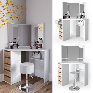 VICCO Eckschminktisch ARIELLE Kosmetiktisch Frisiertisch Weiß Eiche Hocker 