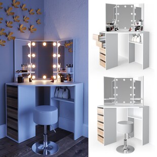 VICCO LED Eckschminktisch ARIELLE Kosmetiktisch Frisiertisch Weiß Eiche Hocker 