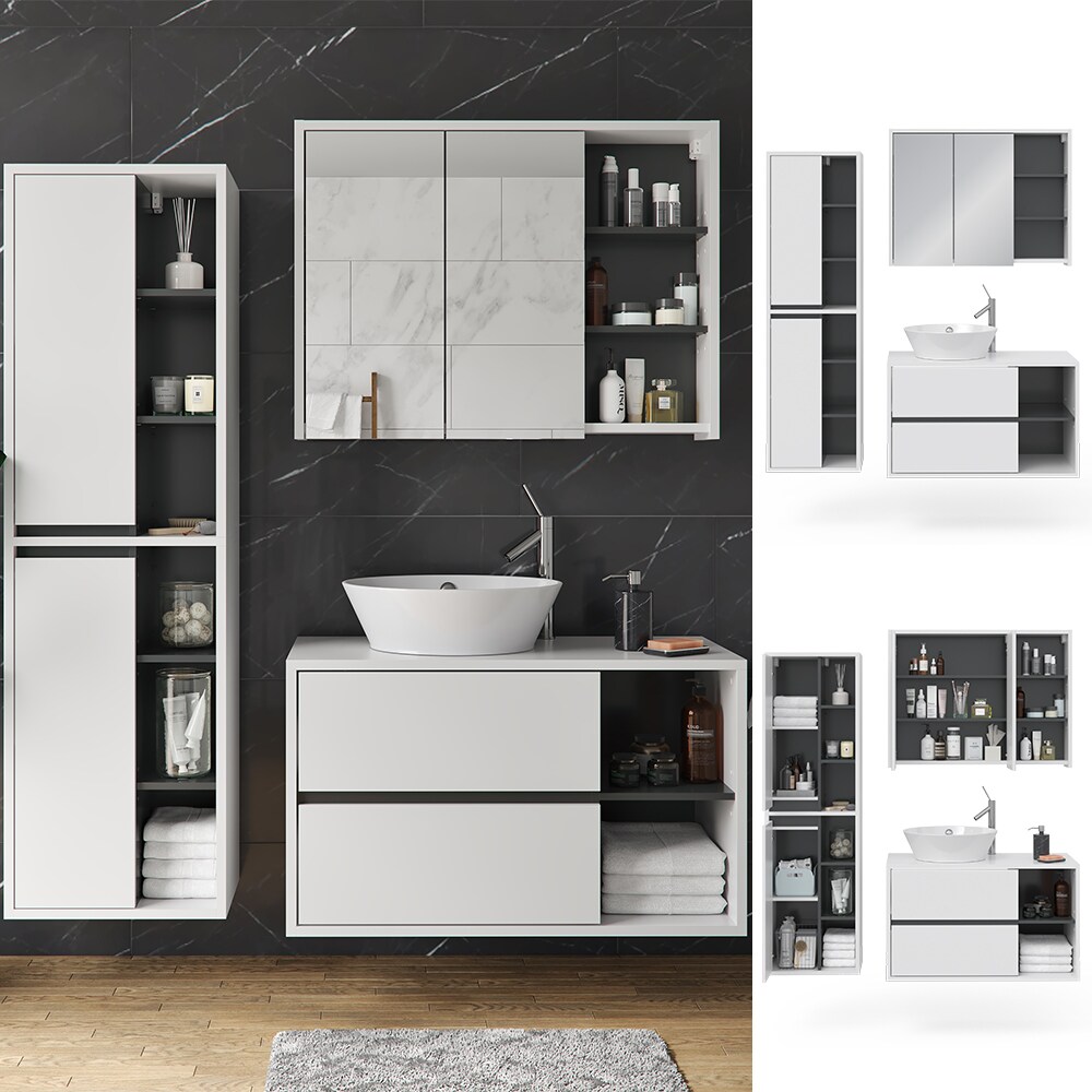 Vicco Badm&ouml;bel Set Viola Wei&szlig; Spiegelschrank Hochschrank Waschtischunterschrank 