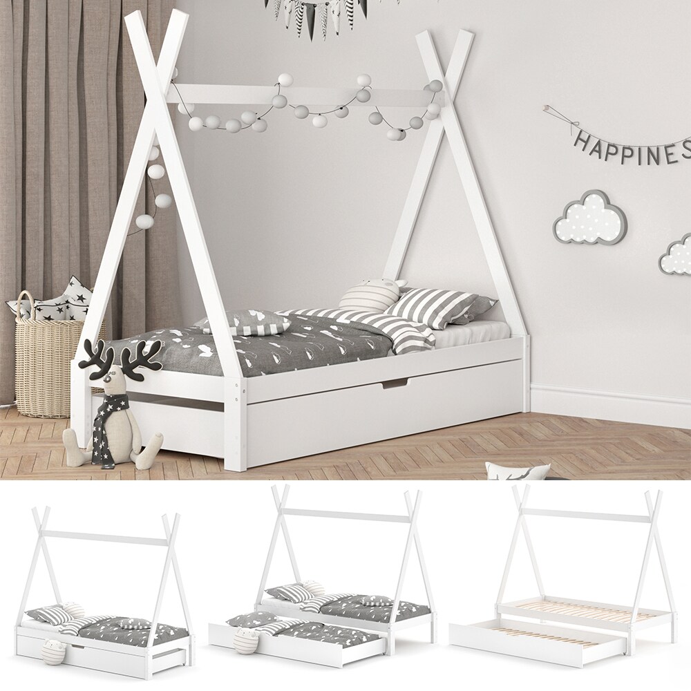 VitaliSpa Kinderbett Tipi Hausbett Wei&szlig; Bett Kinderhaus Zelt Bett Schublade 90x200cm inklusive Bettschublade 