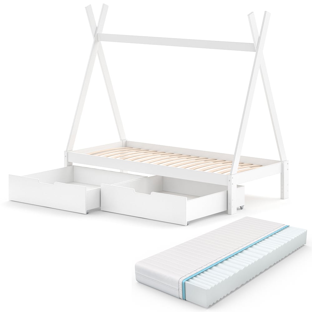 VitaliSpa Kinderbett Tipi Hausbett Wei&szlig; Bett Kinderhaus Zelt Bett Schublade 90x200cm inklusive Schubladenset und Matratze 90x200 cm 