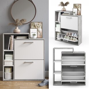 Vicco Schuhkipper Orlando 2 Fächer Weiß-Beton - Schuhregal Schuhschrank Schrank Kommode Flur Diele Garderobe 