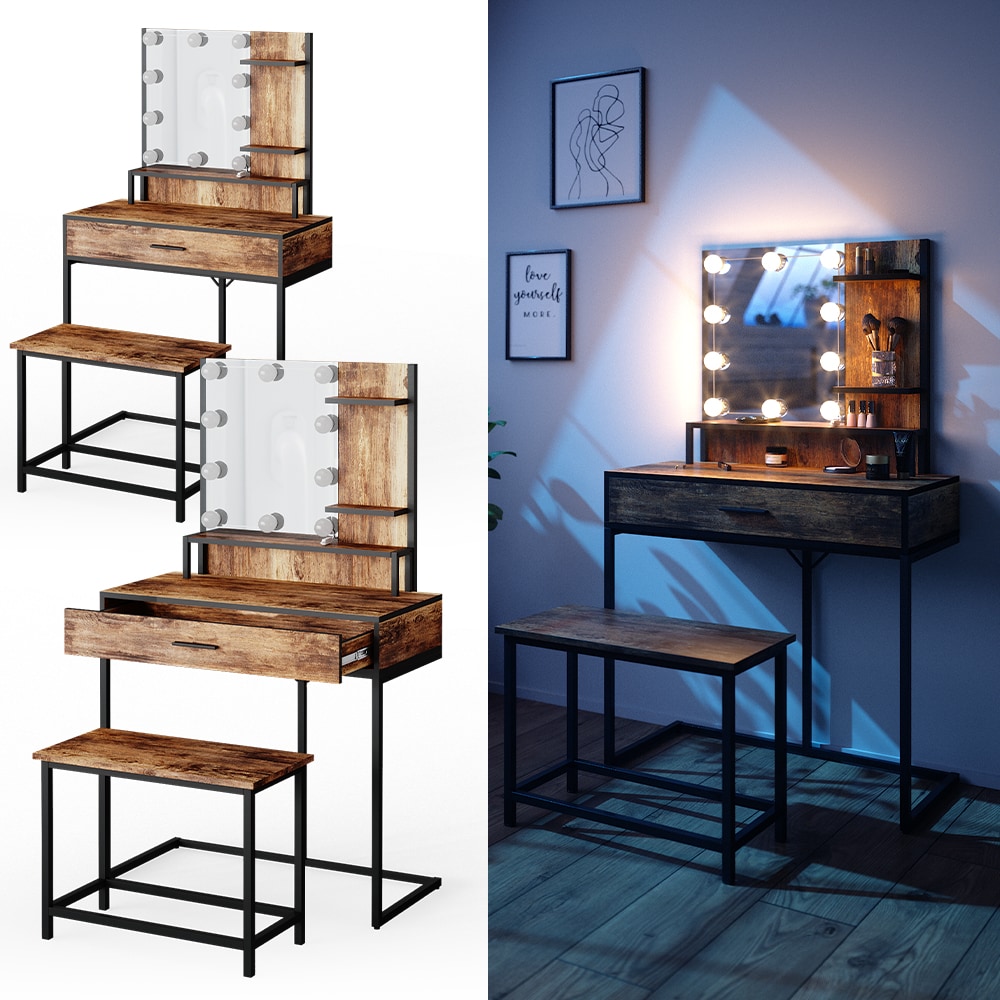 Vicco Schminktisch Fyrk Sitzbank + LED-Beleuchtung Frisiertisch Frisierkommode 