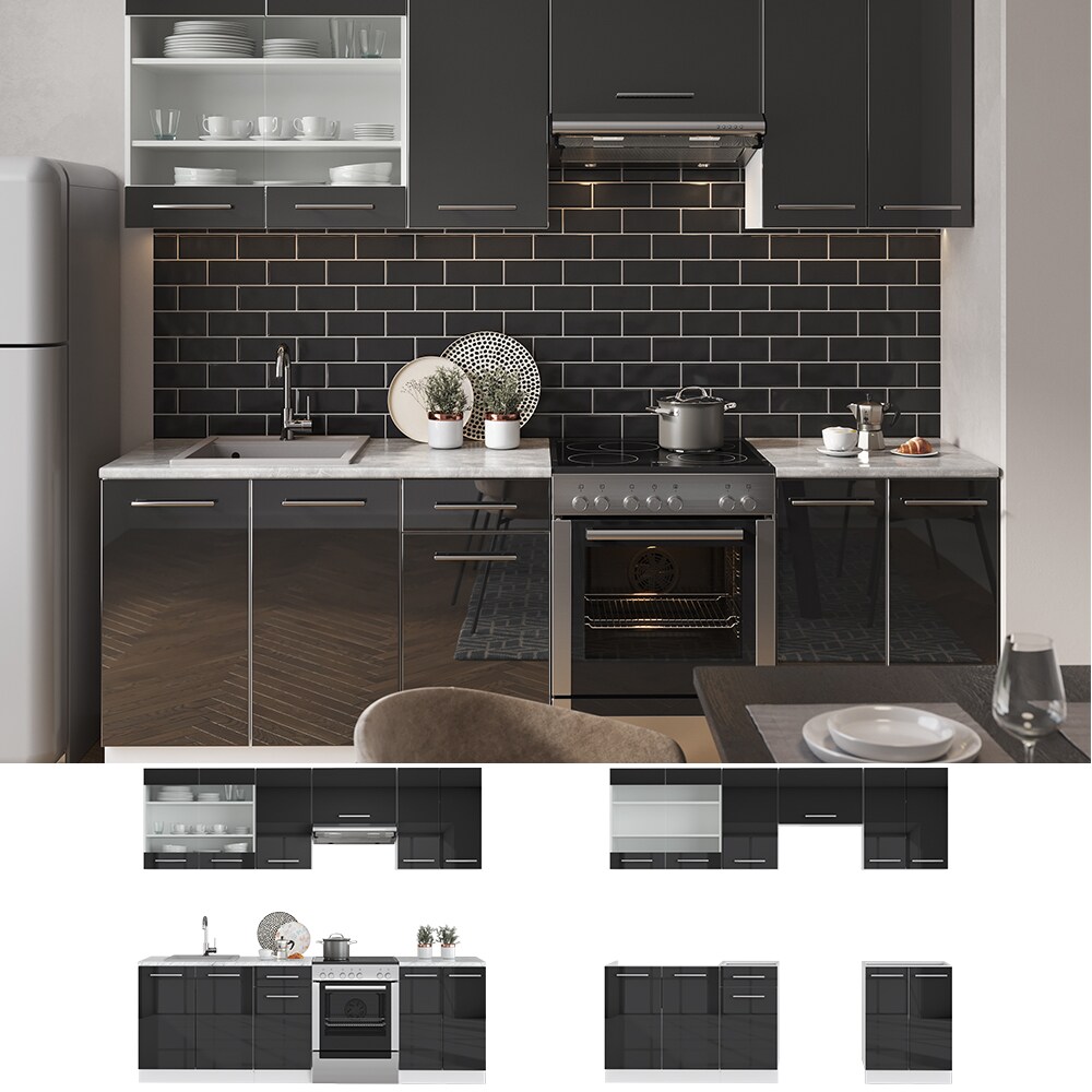 Vicco K&uuml;che FAME-LINE K&uuml;chenzeile Einbauk&uuml;che 240cm Anthrazit Hochglanz 