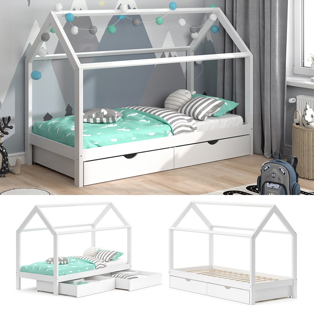 VITALISPA Kinderbett Hausbett Schubladen Bett Holz Kinderhaus wei&szlig; 90x200 cm 