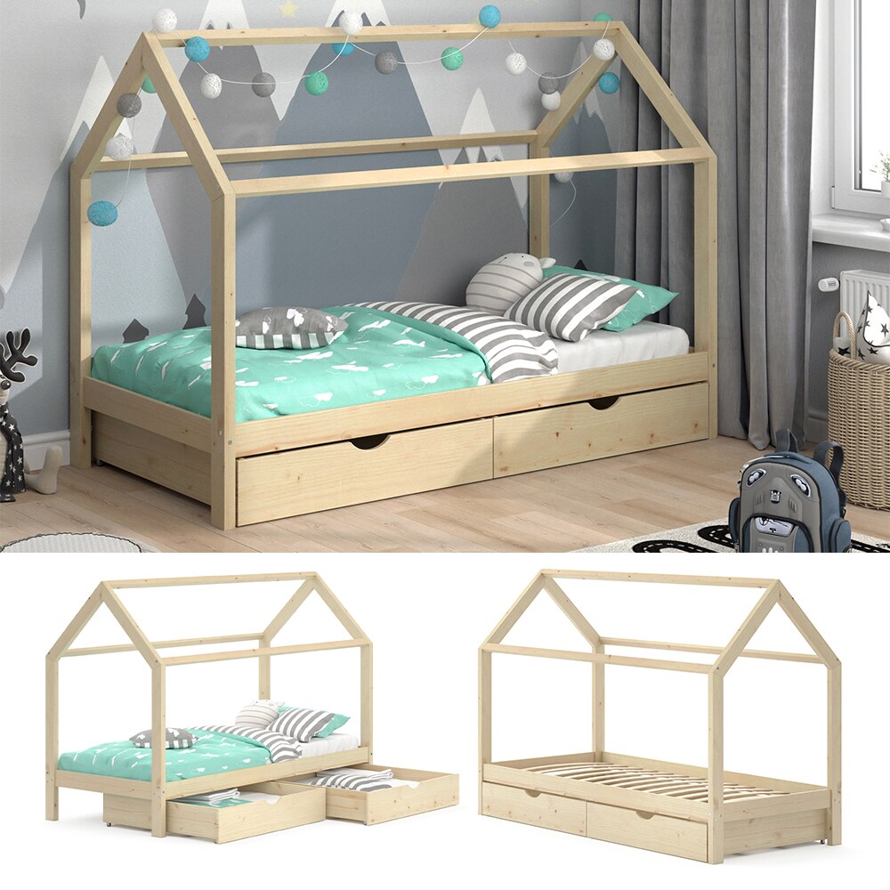 VitaliSpa Kinderbett Hausbett Schubladen Bett Holz Kinderhaus natur 90x200 cm 