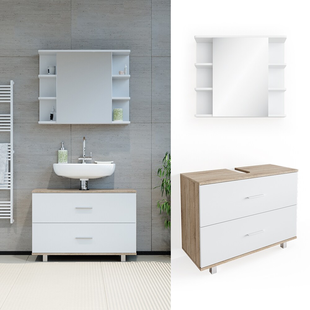 VICCO Badm&ouml;bel Set ILIAS Wei&szlig; Eiche Bad Spiegel Unterschrank Badschrank 