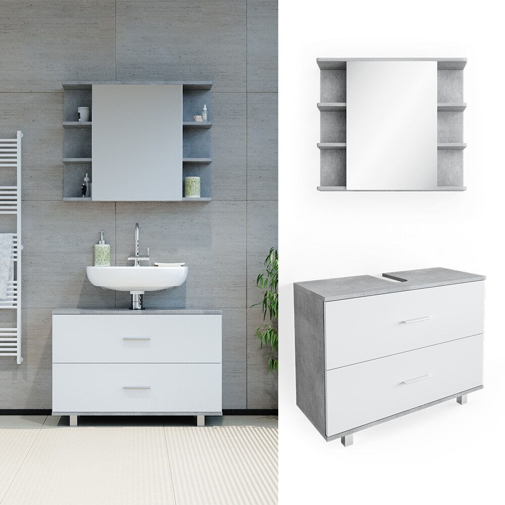 VICCO Badm&ouml;bel Set ILIAS Wei&szlig; Beton Bad Spiegel Unterschrank Badschrank 