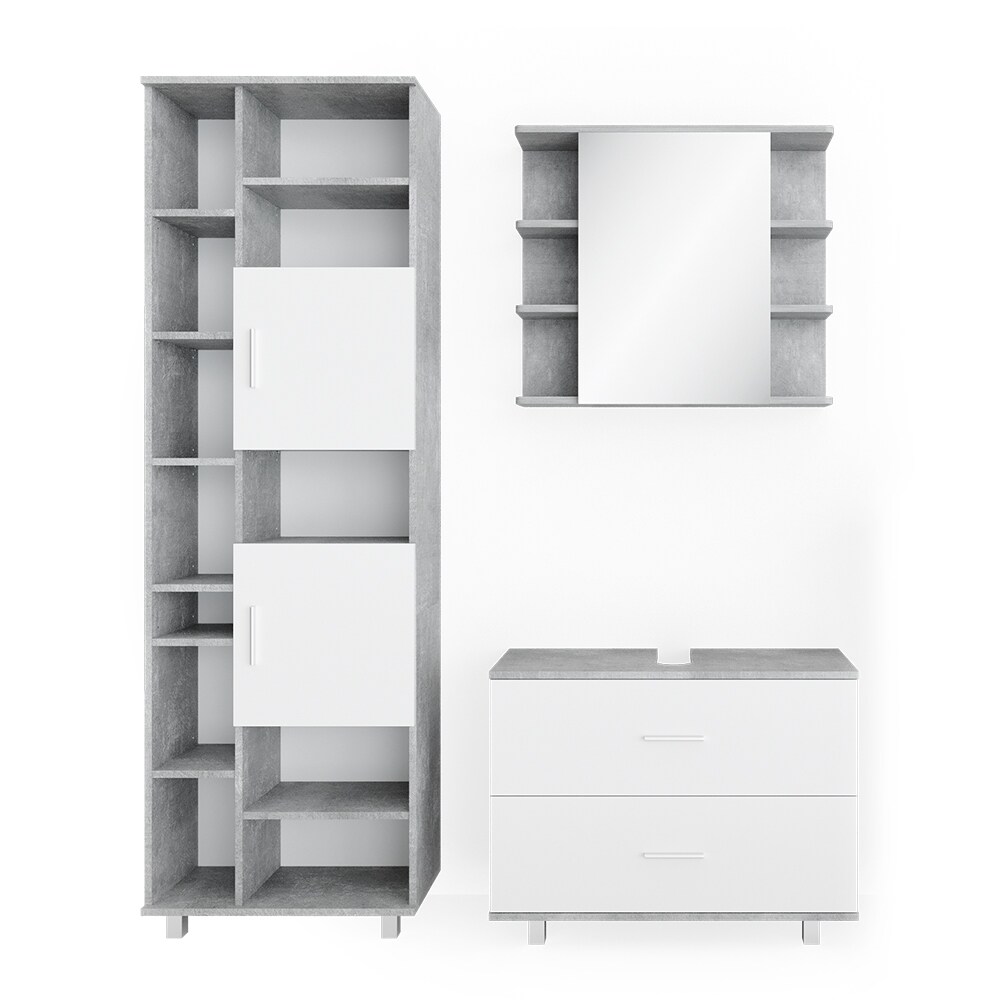 VICCO Badm&ouml;bel Set ILIAS Wei&szlig; Beton Spiegel Kommode Unterschrank Badschrank 